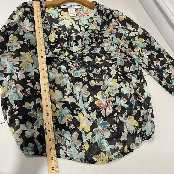 American Rag Women Sz L Black Sheer Floral Bouse Round Tie Neck Balloon Sleeve - Picture 9 of 11